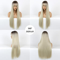 Ombre Straight Wig With Dark Roots Natural Synthetic Wig