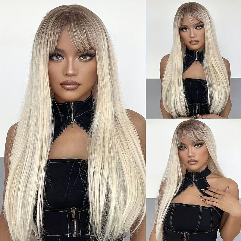 Ombre Straight Wig With Dark Roots Natural Synthetic Wig