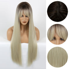 Ombre Straight Wig With Dark Roots Natural Synthetic Wig
