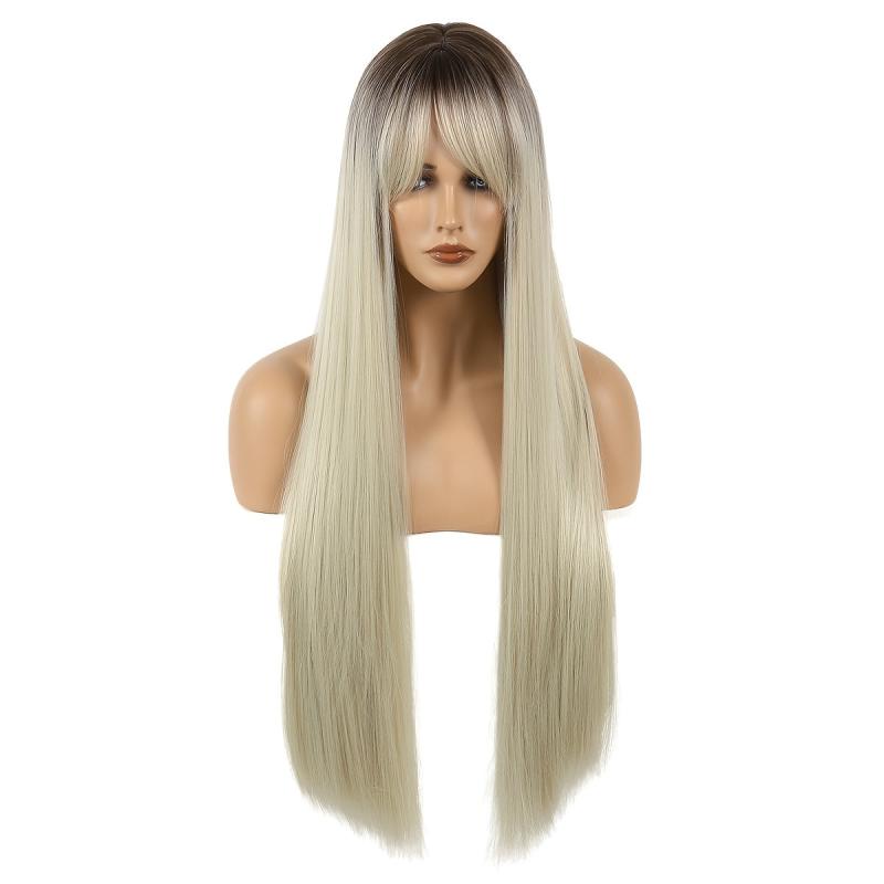 Ombre Straight Wig With Dark Roots Natural Synthetic Wig
