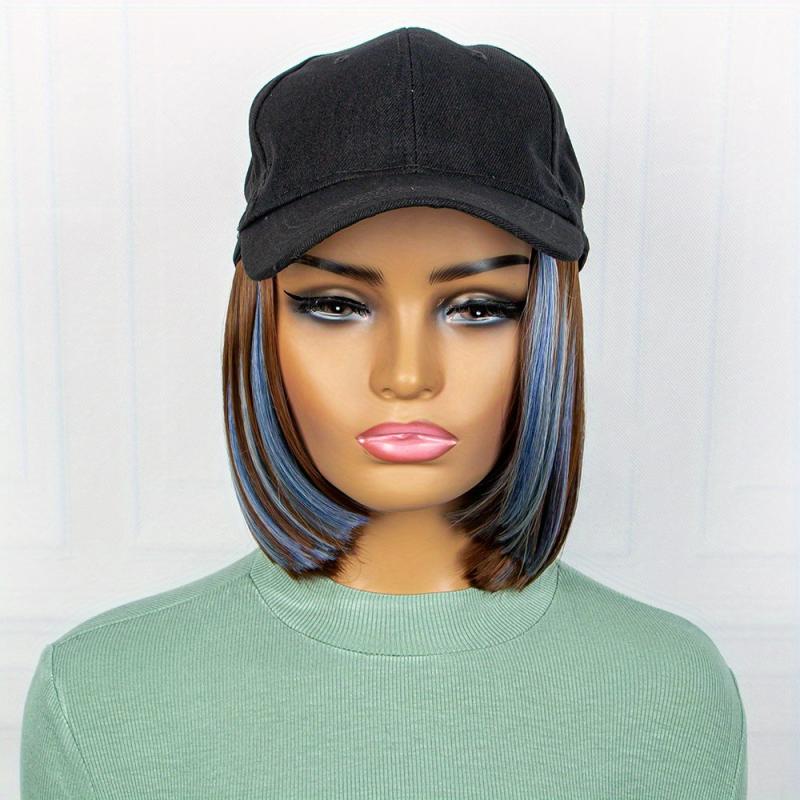 Hat Wigs Highlight Straight Short Bob Hair Wigs With Adjustable Hat