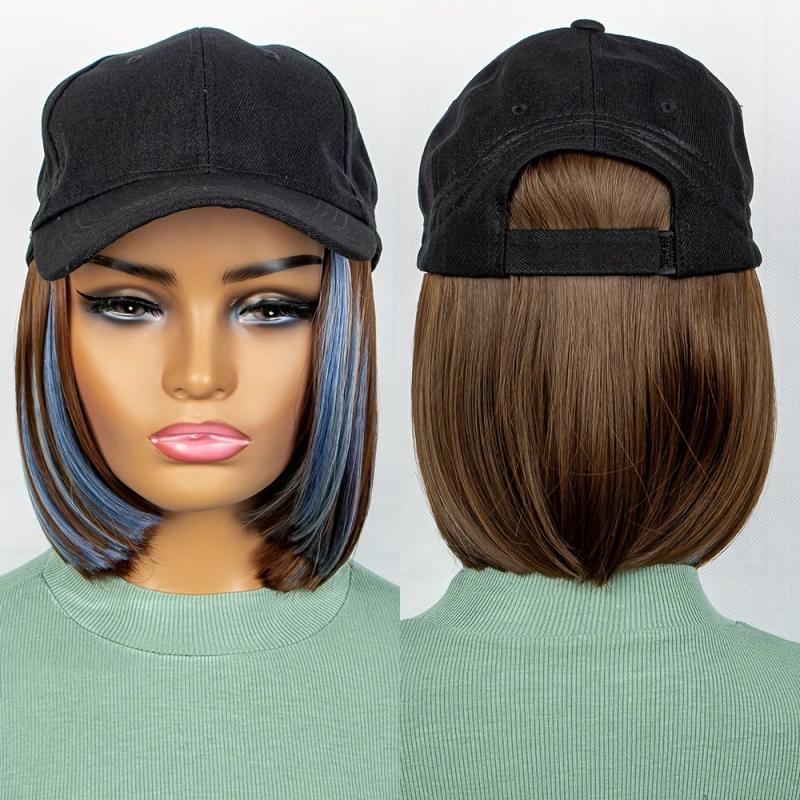 Hat Wigs Highlight Straight Short Bob Hair Wigs With Adjustable Hat