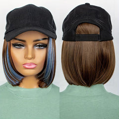 Hat Wigs Highlight Straight Short Bob Hair Wigs With Adjustable Hat