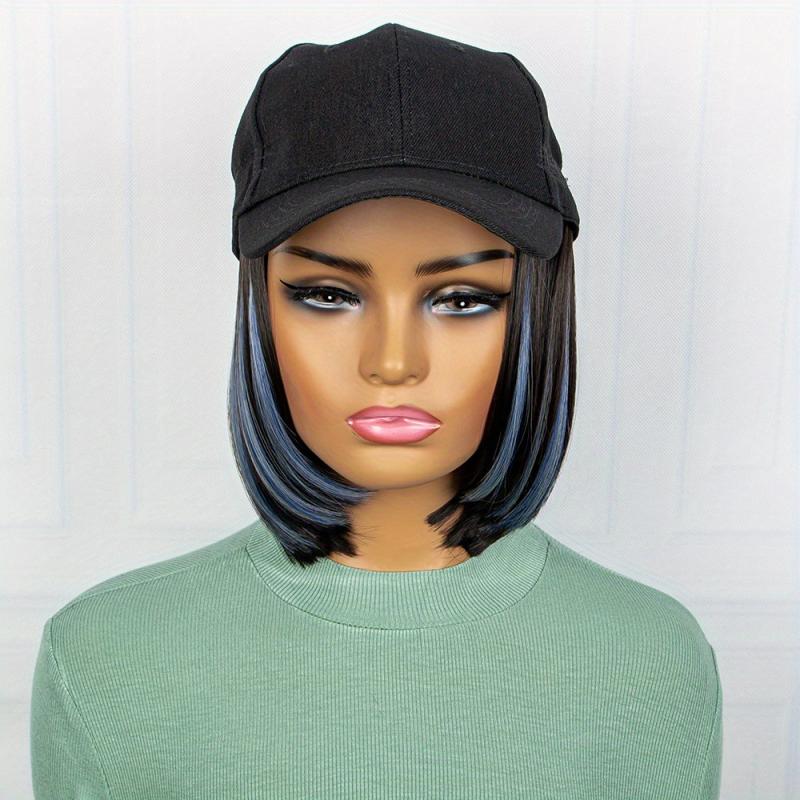Hat Wigs Highlight Straight Short Bob Hair Wigs With Adjustable Hat
