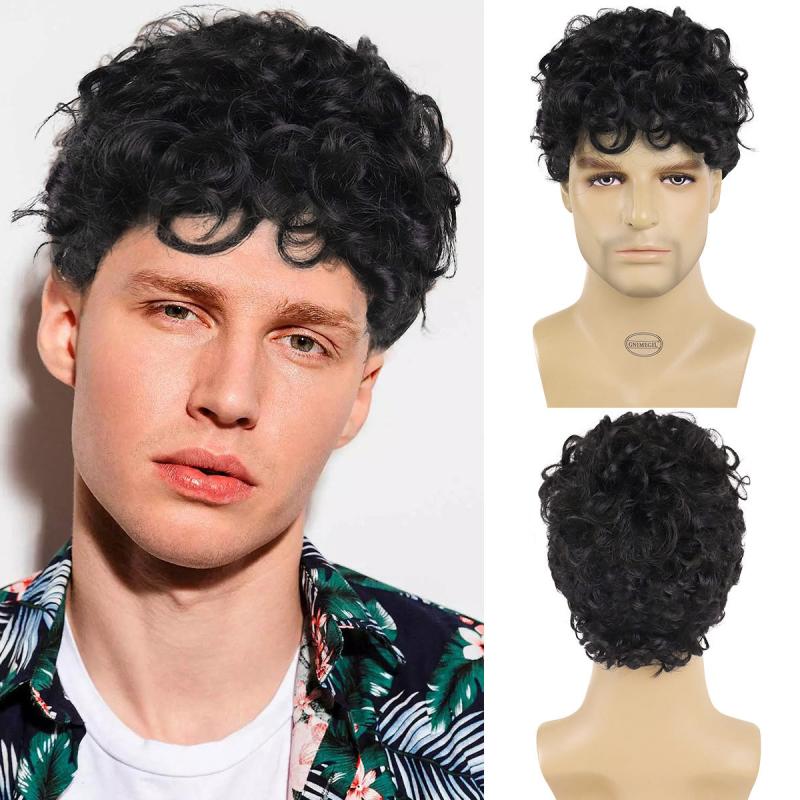 Short Curly Wigs Brown Synthetic Loose Curly Hair Male Wig