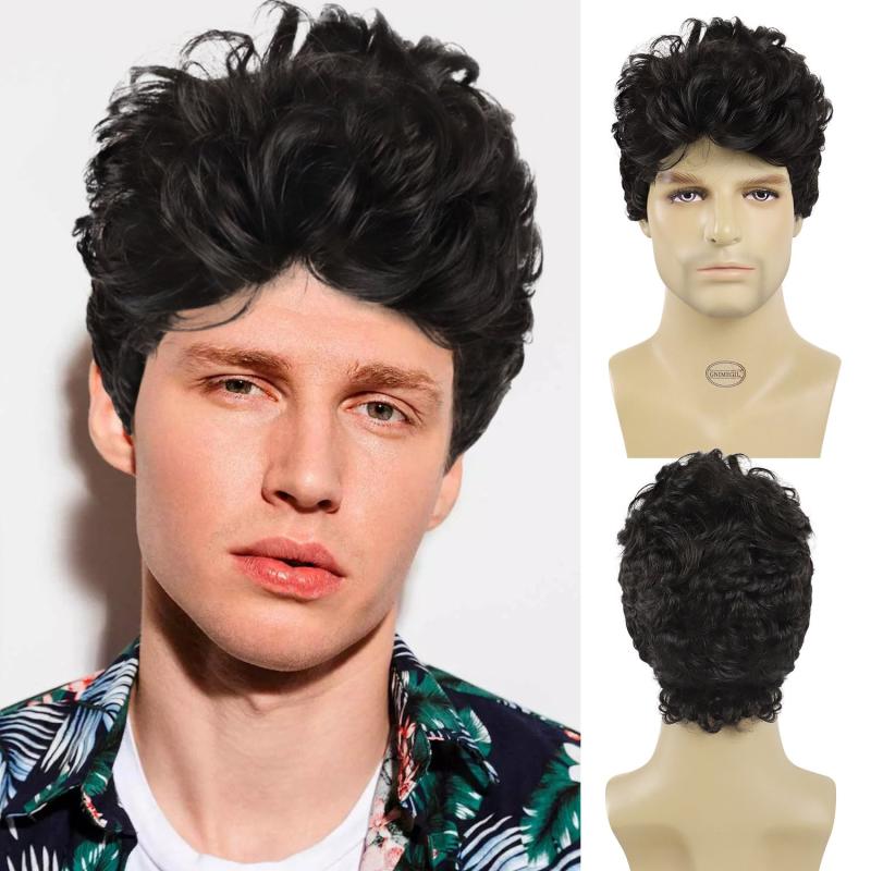 Short Curly Wigs Brown Synthetic Loose Curly Hair Male Wig
