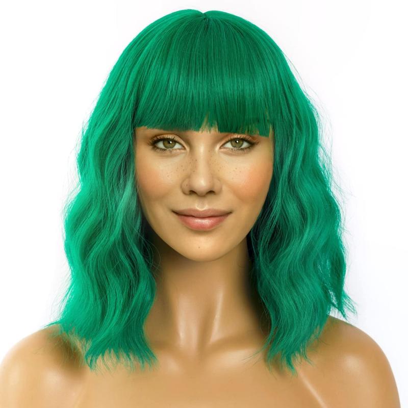 Short Wavy Wig With Bangs Natural Synthetic Bob Wig
