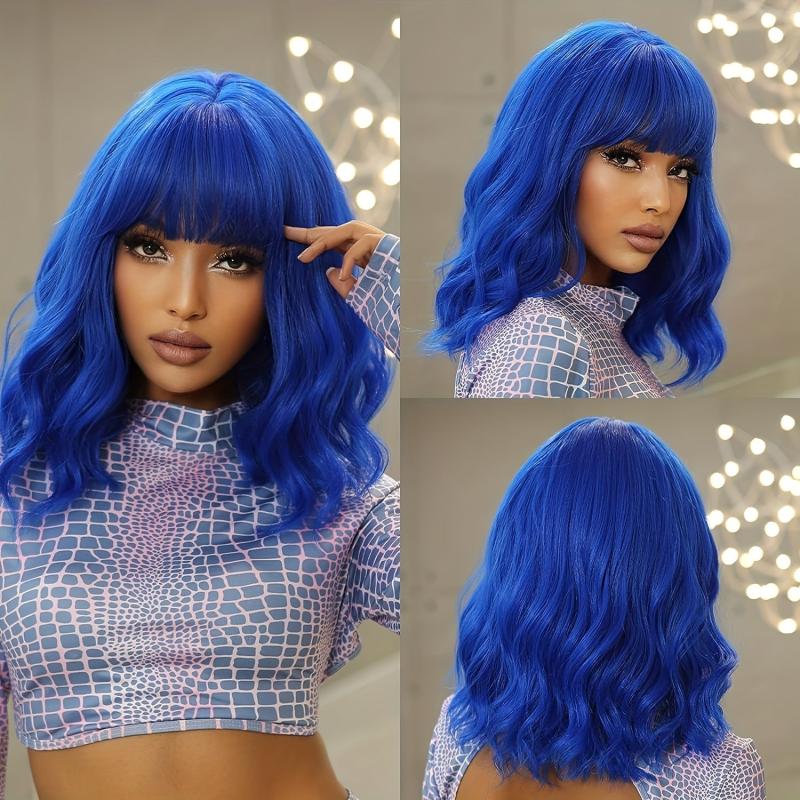 Short Wavy Wig With Bangs Natural Synthetic Bob Wig