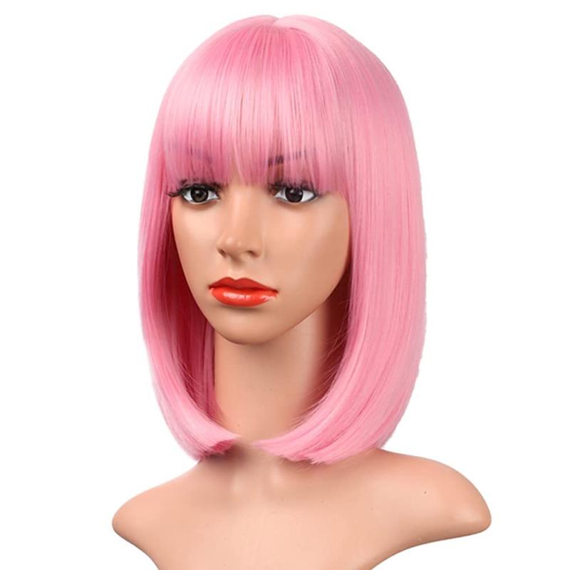 Short Colored Hair Wig With Bangs Bob Wig Light Purple And Pink Wig