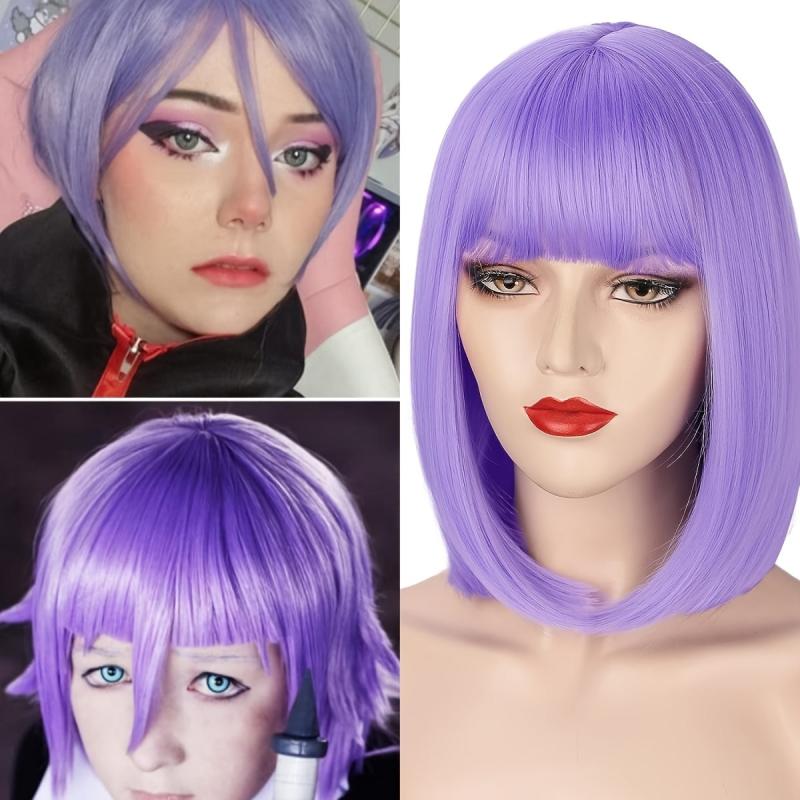 Short Colored Hair Wig With Bangs Bob Wig Light Purple And Pink Wig
