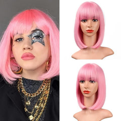 Short Colored Hair Wig With Bangs Bob Wig Light Purple And Pink Wig