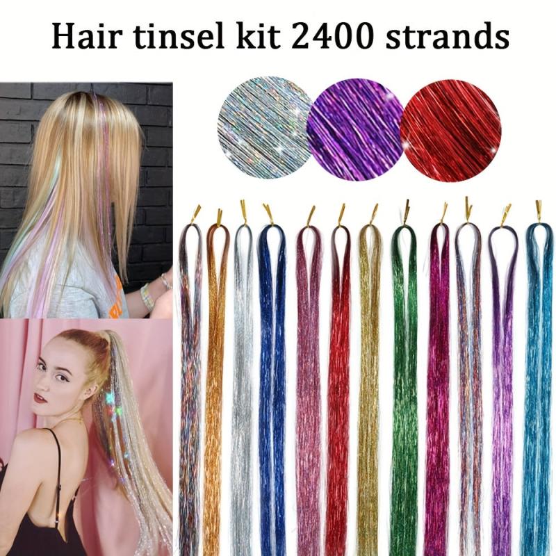 121cm Hair Tinsel Extension Kit, 12 Colors, 2400 Strands