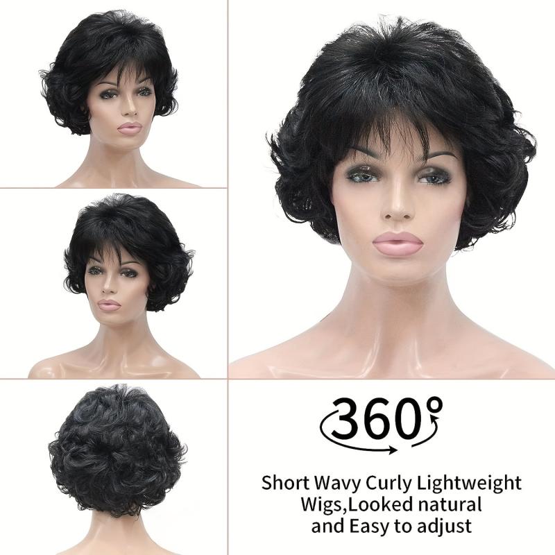 Short Wavy Curly Wig Synthetic Hair with Bangs Dark Roots Natural Look
