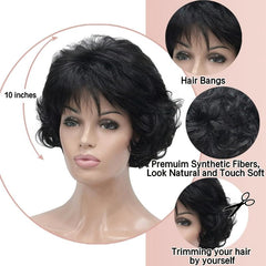 Short Wavy Curly Wig Synthetic Hair with Bangs Dark Roots Natural Look