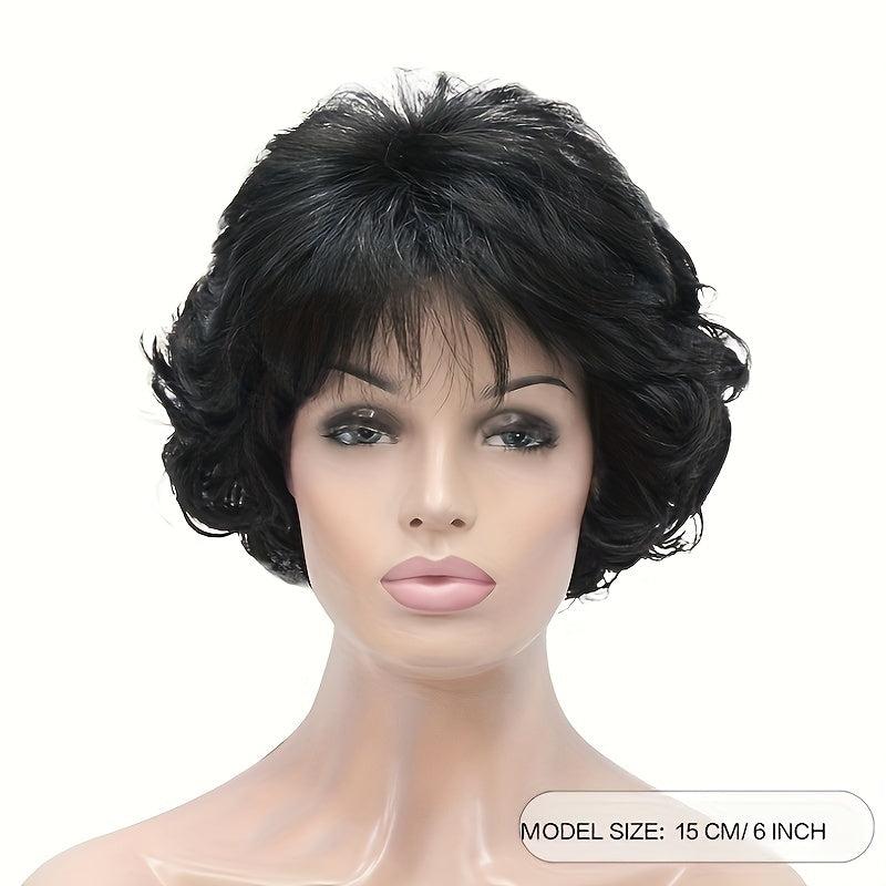 Short Wavy Curly Wig Synthetic Hair with Bangs Dark Roots Natural Look