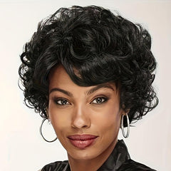 Short Wavy Curly Wig Synthetic Hair with Bangs Dark Roots Natural Look