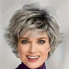 Short Wavy Curly Wig Synthetic Hair with Bangs Dark Roots Natural Look