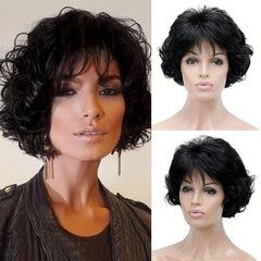 Short Wavy Curly Wig Synthetic Hair with Bangs Dark Roots Natural Look