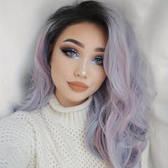 Ombre Long Curly Wig Colorful Wavy Wig Dark Roots Long Syntheitc Wig