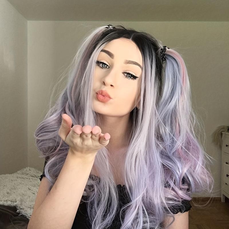 Ombre Long Curly Wig Colorful Wavy Wig Dark Roots Long Syntheitc Wig