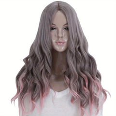 Ombre Long Curly Wig Colorful Wavy Wig Dark Roots Long Syntheitc Wig