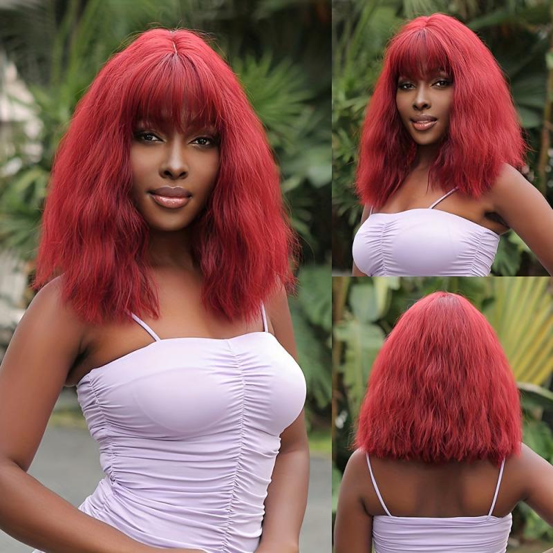 Short Wavy Wig With Bangs Synthetic Shoulder Length Bob Wig