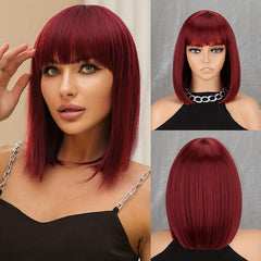 Wine Red Short Bob Cut Wig with Bangs, Straight Hair for Women