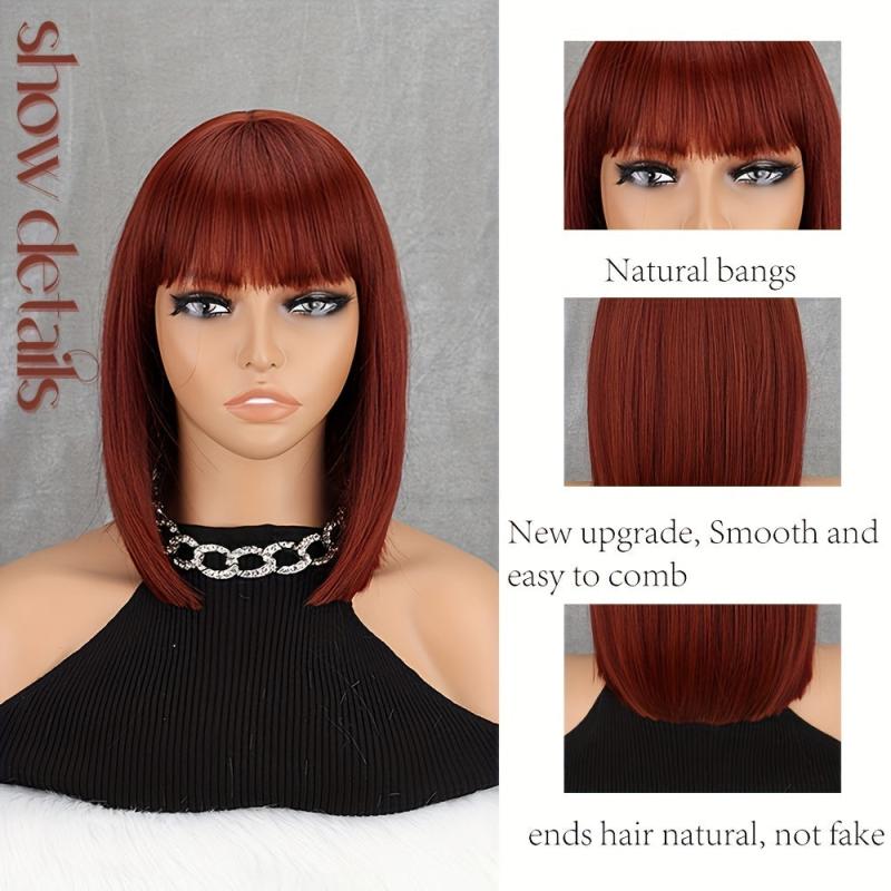 Wine Red Short Bob Cut Wig with Bangs, Straight Hair for Women