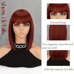 Wine Red Short Bob Cut Wig with Bangs, Straight Hair for Women