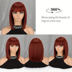 Wine Red Short Bob Cut Wig with Bangs, Straight Hair for Women