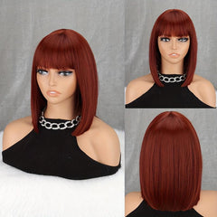 Wine Red Short Bob Cut Wig with Bangs, Straight Hair for Women