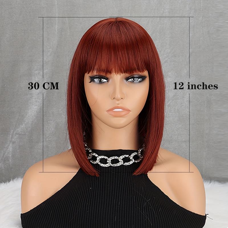 Wine Red Short Bob Cut Wig with Bangs, Straight Hair for Women
