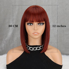 Wine Red Short Bob Cut Wig with Bangs, Straight Hair for Women