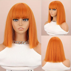 Wine Red Bob Cut Straight Hair Wigs With Bangs Synthetic Hair Replacement Wigs