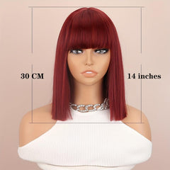 Wine Red Bob Cut Straight Hair Wigs With Bangs Synthetic Hair Replacement Wigs