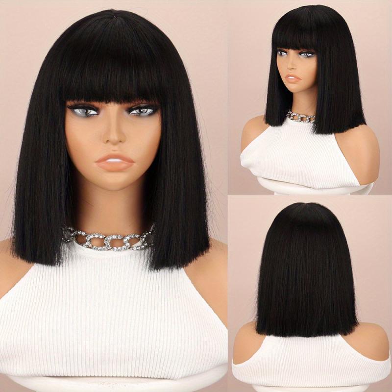 Wine Red Bob Cut Straight Hair Wigs With Bangs Synthetic Hair Replacement Wigs