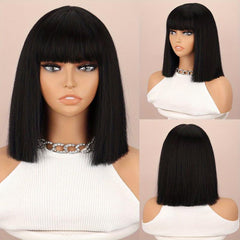 Wine Red Bob Cut Straight Hair Wigs With Bangs Synthetic Hair Replacement Wigs