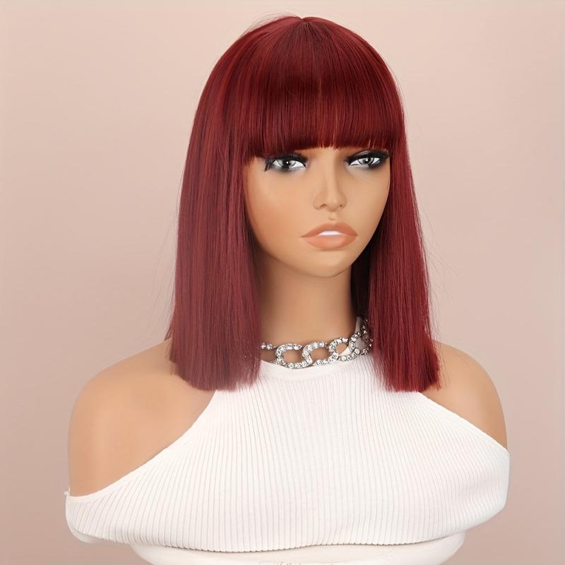 Wine Red Bob Cut Straight Hair Wigs With Bangs Synthetic Hair Replacement Wigs