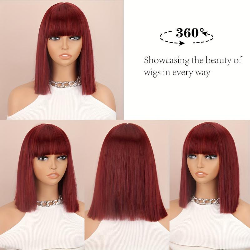 Wine Red Bob Cut Straight Hair Wigs With Bangs Synthetic Hair Replacement Wigs