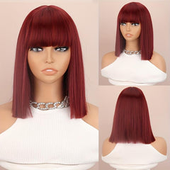 Wine Red Bob Cut Straight Hair Wigs With Bangs Synthetic Hair Replacement Wigs