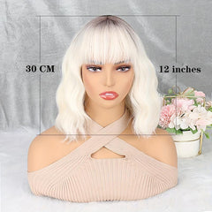 30 48cm Multicolor Water Wave Short Bob Curly Wigs With Bangs For Women
