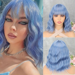 Short Water Wave Hair Wigs With Bangs 30 48 Cm Synthetic None Lace Wigs