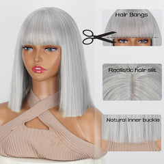 Short Straight Bob Wig With Bangs 30-48 cm Natural Synthetic Shoulder Length