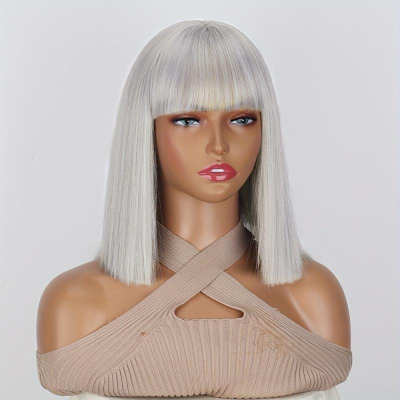 Short Straight Bob Wig With Bangs 30-48 cm Natural Synthetic Shoulder Length