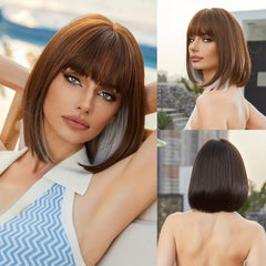 Short Straight Bob Cut Wig With Bangs Synthetic Wig Heat Resistant