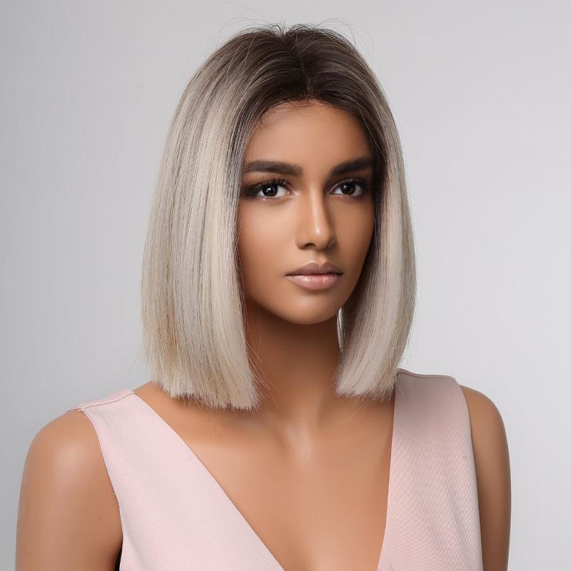 Brown Ginger Highlights Bob Hair Wig with Middle Part