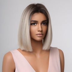 Brown Ginger Highlights Bob Hair Wig with Middle Part