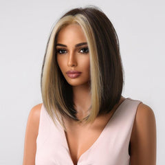 Brown Ginger Highlights Bob Hair Wig with Middle Part