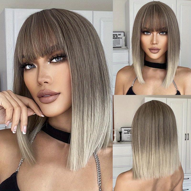 Brown Short Bob Wigs Synthetic Straight Hair Wigs With Bangs