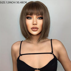 Brown Short Bob Wigs Synthetic Straight Hair Wigs With Bangs